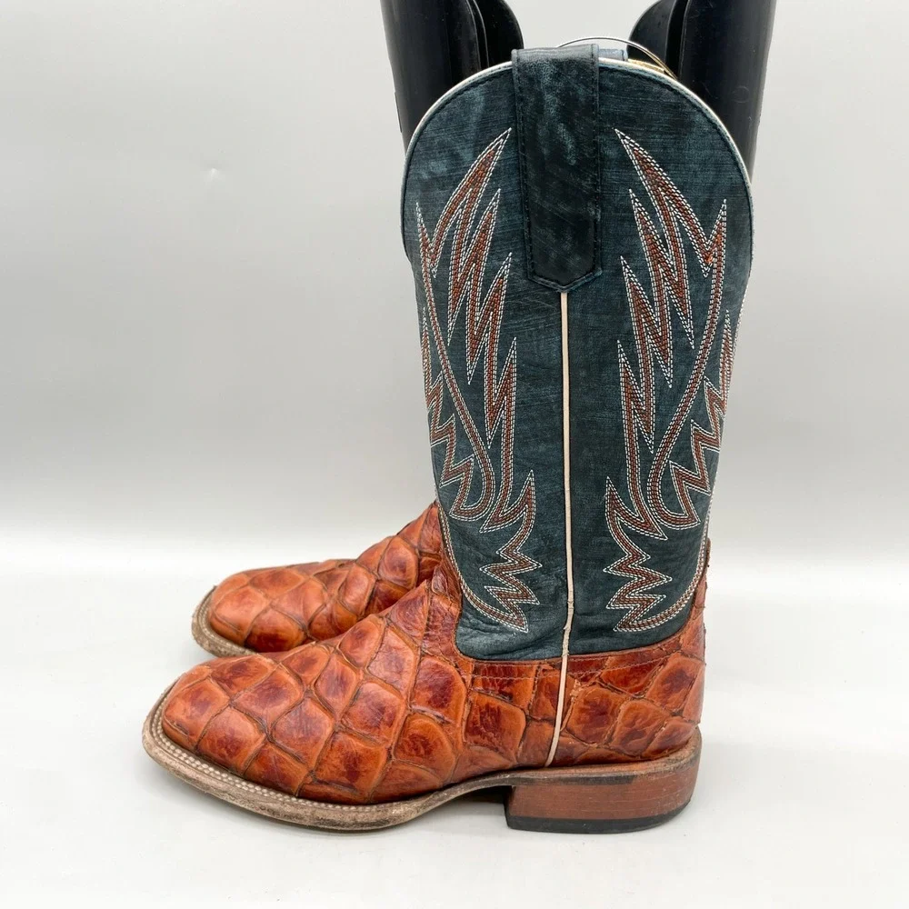 Horse Power Kids 5 Fish Scale Western Cowboy Boots Cognac Teal Leather SquareToe